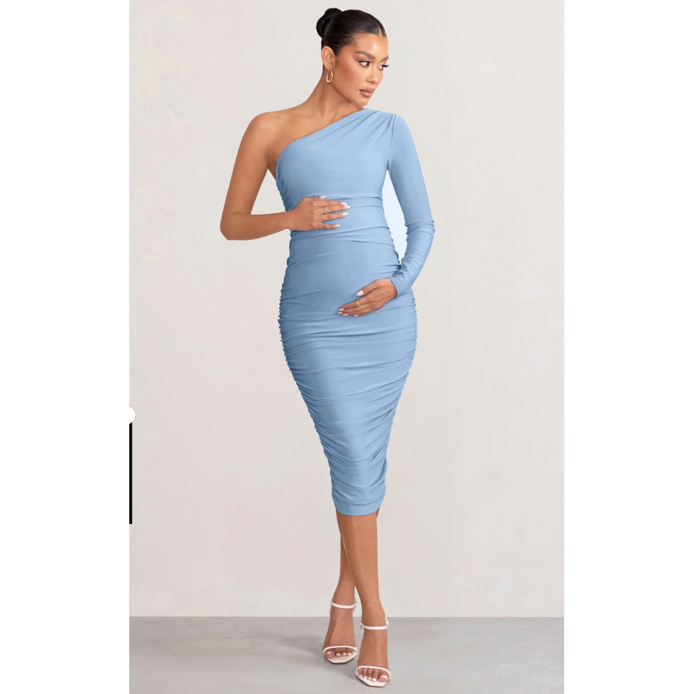 NWT Club L London Maternity Dress Womens UK 12 US 8 Blue Asymm Ruched Midi UK